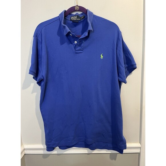Polo Ralph Lauren Blue Custom Fit Men L Knit Polo Shirt Short‎ Sleeve Green Pony - Picture 1 of 5